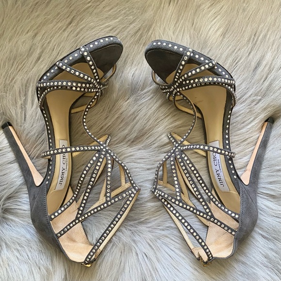 Jimmy Choo Gray Leather Vendetta Crystal Embellished Strappy Heel Sandals - Picture 7 of 11